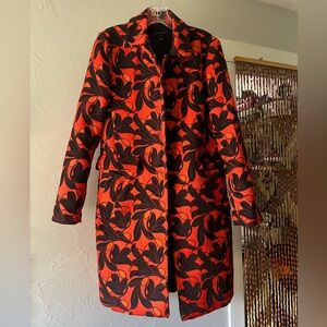 Ann Taylor Brocade Vibrant Orangey-Red & Black Heavy Lined Coat